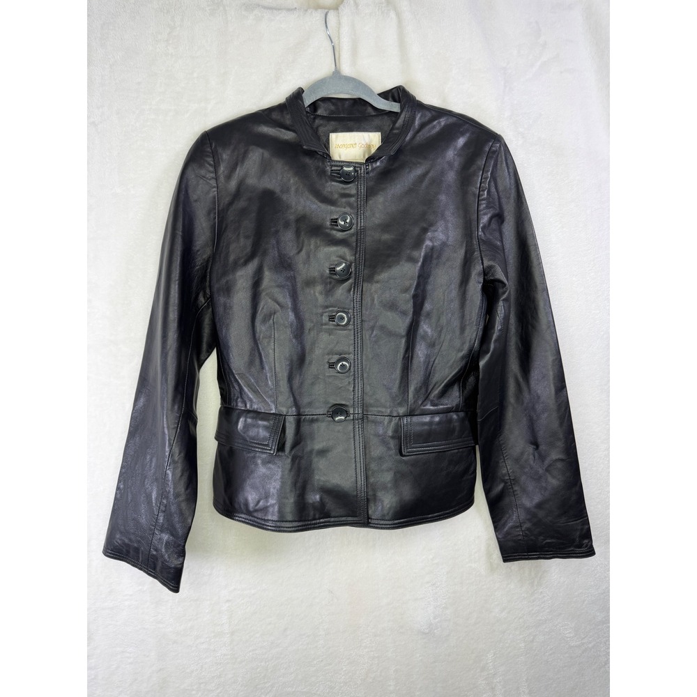 Margaret Godfrey Leather Jacket Womens 12 Black Button Front Mandarin Collar